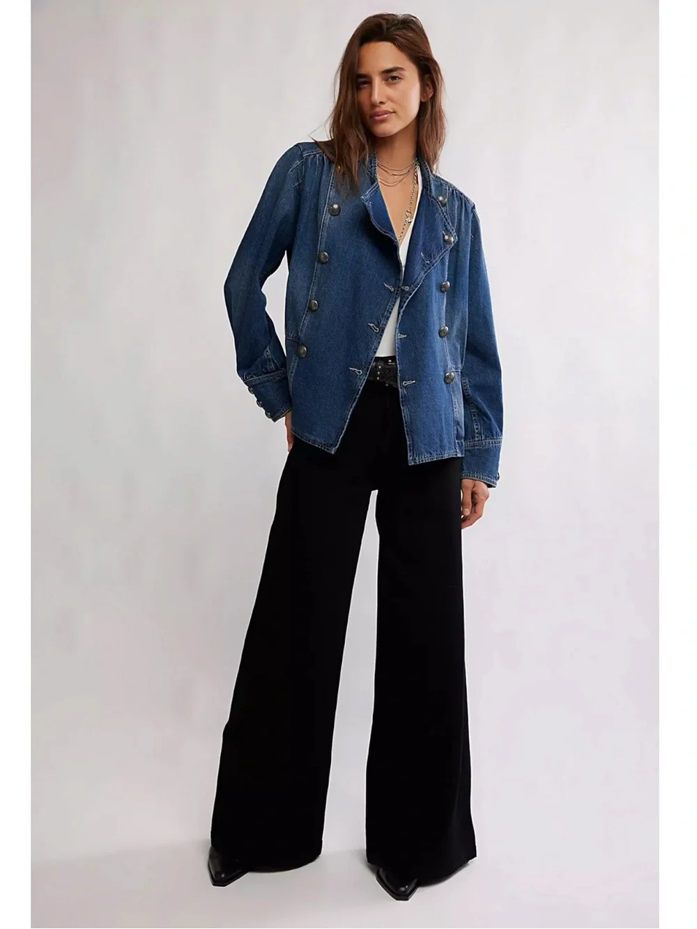 Free People Imogene Denim Officer Jacket in Ensign Wash Large Military Denim - Picture 7 of 16